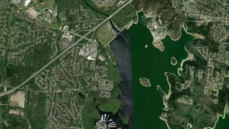 Satellite view of J Percy Priest Dam reservoir, Tennessee, United States