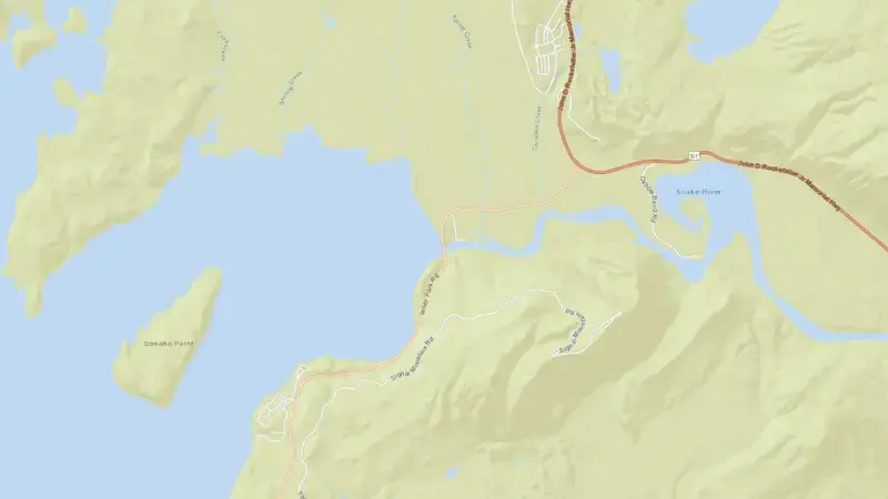 Road map of Jackson Lake and Jackson Lake Dam reservoir, Wyoming, United States