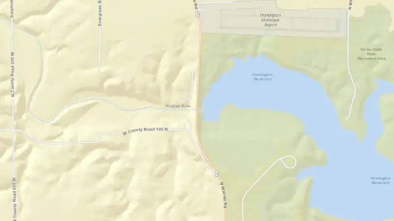 Road map of JE Roush Lake reservoir, Ohio, United States