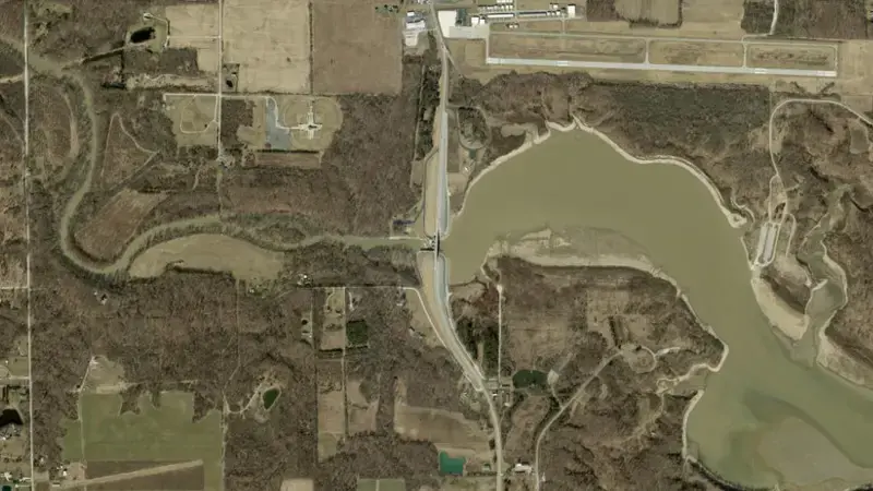 Satellite view of JE Roush Lake reservoir, Ohio, United States