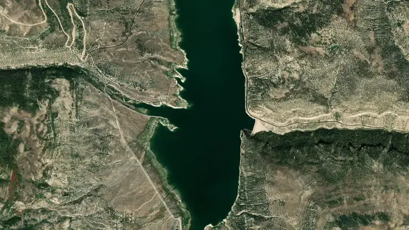 Satellite view of Joes Valley Reservoir and Dam reservoir, Utah, United States