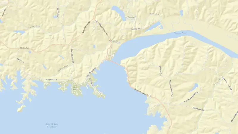 Road map of John H. Kerr Dam reservoir, Virginia, United States
