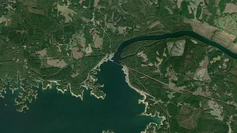 Satellite view of John H. Kerr Dam reservoir, Virginia, United States