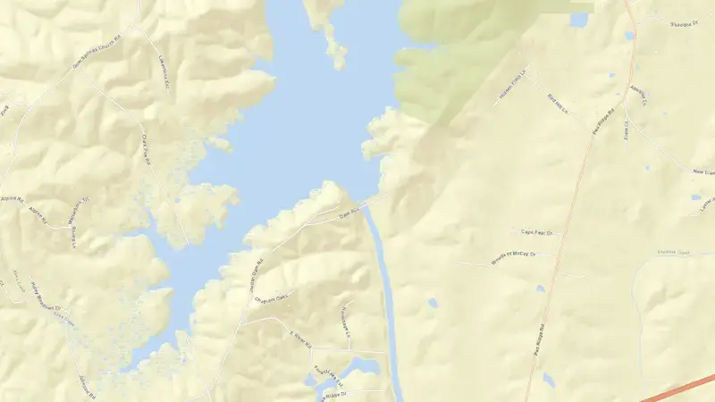 Road map of Jordan Dam reservoir, North Carolina, United States