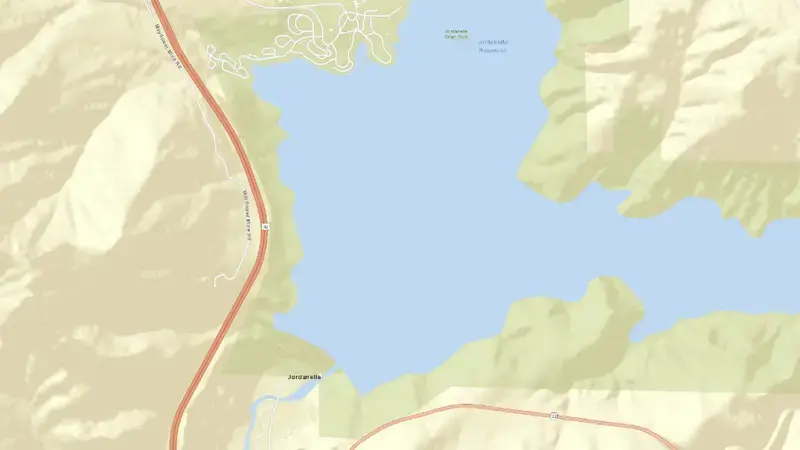 Road map of Jordanelle Reservoir Dam and Powerplant reservoir, Utah, United States