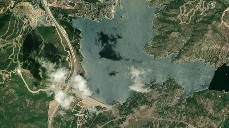 Satellite view of Jordanelle Reservoir Dam and Powerplant reservoir, Utah, United States