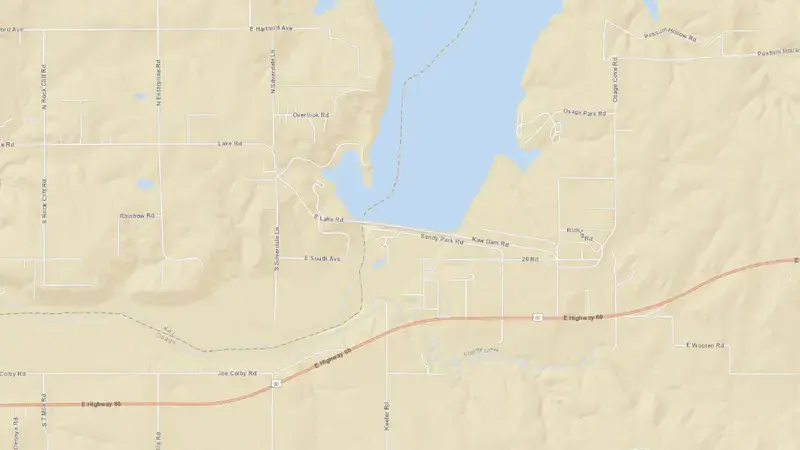 Road map of Kaw Lake reservoir, Oklahoma, United States