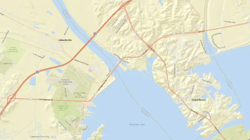 Road map of Kentucky Dam reservoir, Kentucky, United States