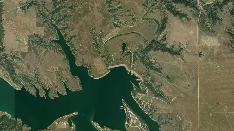 Satellite view of Keyhole Dam & Reservoir reservoir, Wyoming, United States