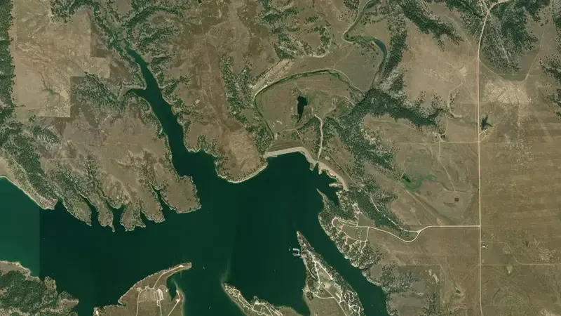 Satellite view of Keyhole Reservoir and Dam reservoir, Wyoming, United States