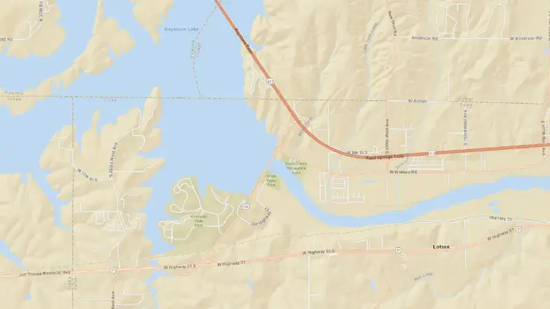 Road map of Keystone Lake reservoir, Oklahoma, United States
