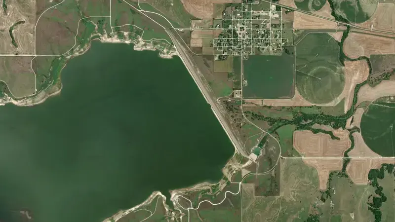 Satellite view of Kirwin Dam reservoir, Kansas, United States