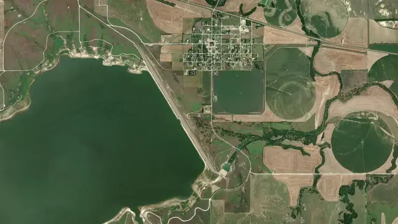 Satellite view of Kirwin Reservoir and Dam reservoir, Kansas, United States