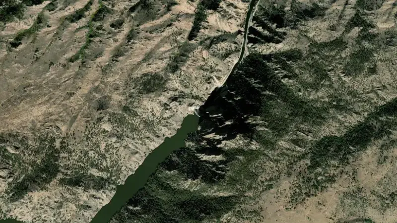Satellite view of Kortes Dam & Reservoir reservoir, Wyoming, United States