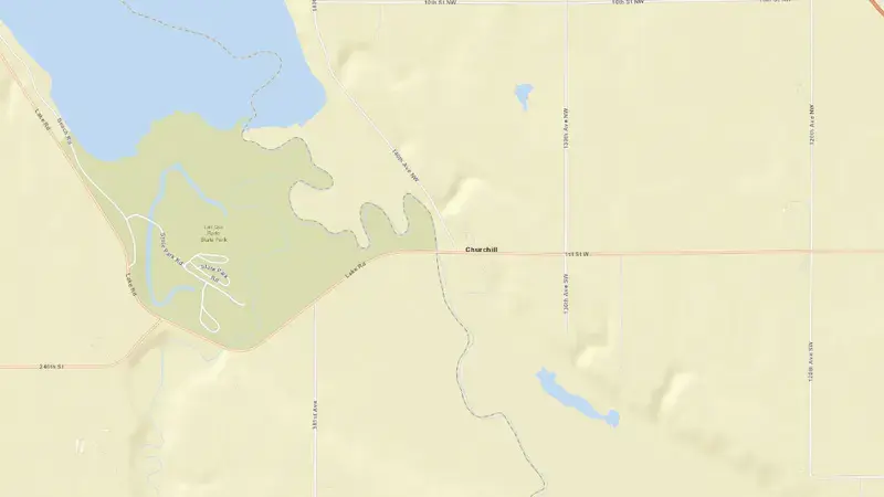 Road map of Lac qui Parle Dam reservoir, Minnesota, United States