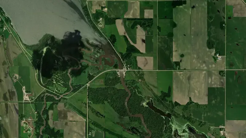 Satellite view of Lac qui Parle Dam reservoir, Minnesota, United States