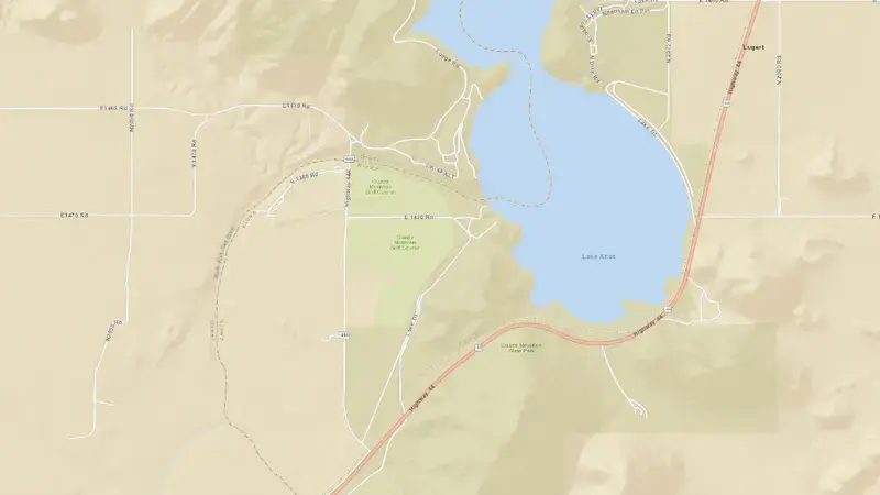 Road map of Lake Altus and Altus Dam reservoir, Oklahoma, United States