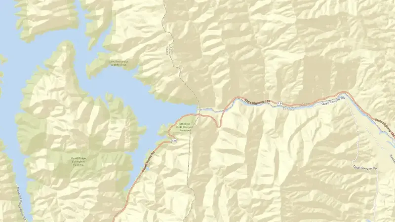 Road map of Lake Berryessa reservoir, California, United States
