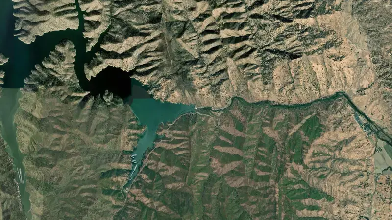 Satellite view of Lake Berryessa reservoir, California, United States