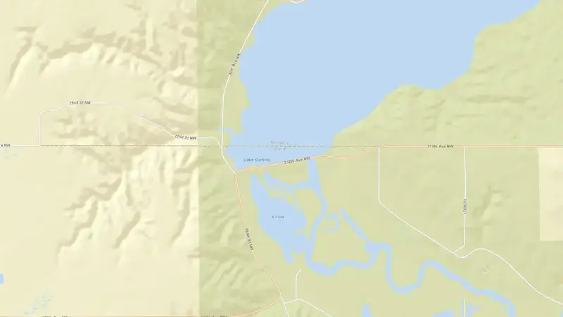 Road map of Lake Darling Dam reservoir, North Dakota, United States