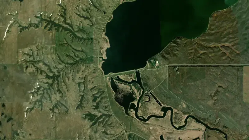 Satellite view of Lake Darling Dam reservoir, North Dakota, United States