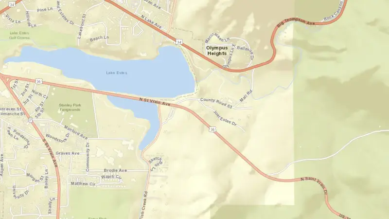 Road map of Lake Estes and Olympus Dam reservoir, Colorado, United States