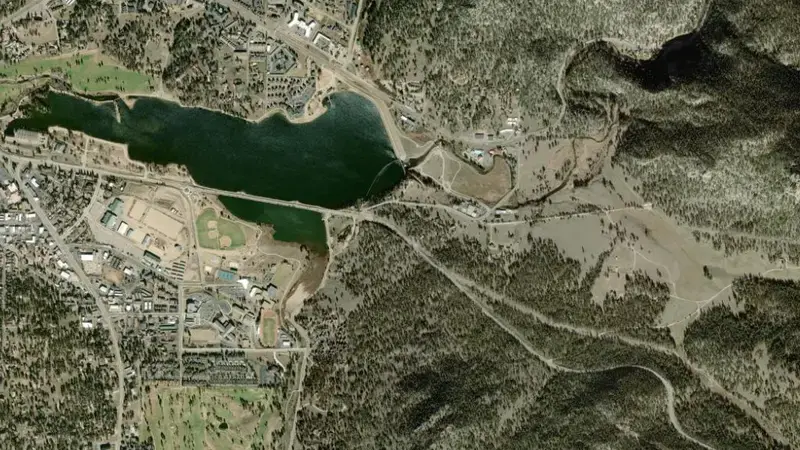 Satellite view of Lake Estes and Olympus Dam reservoir, Colorado, United States