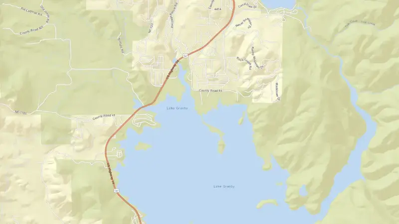 Road map of Lake Granby and Dam reservoir, Colorado, United States