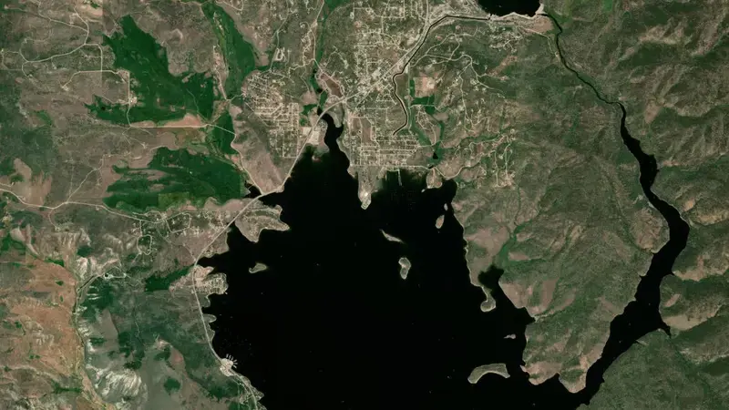 Satellite view of Lake Granby and Dam reservoir, Colorado, United States
