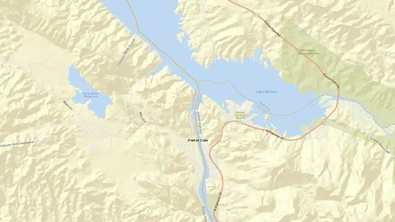 Road map of Lake Havasu Parker Dam and Powerplant reservoir, Arizona, United States