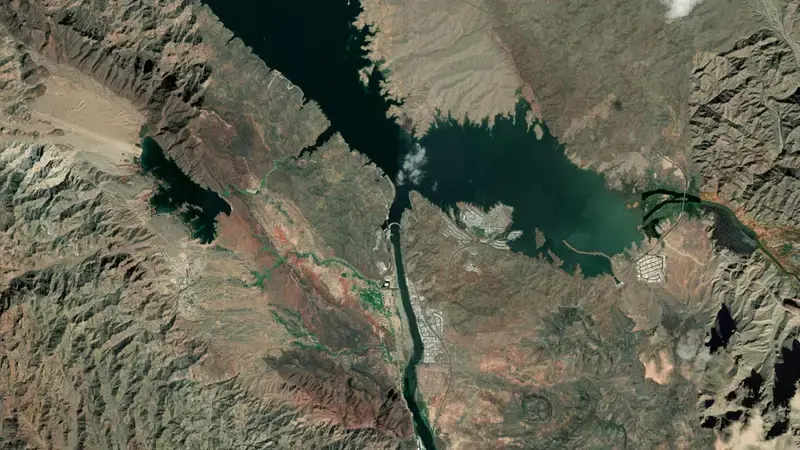 Satellite view of Lake Havasu Parker Dam and Powerplant reservoir, Arizona, United States