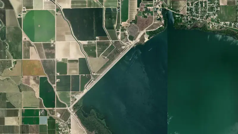 Satellite view of Lake Lowell and Deer Flat Dams reservoir, Idaho, United States