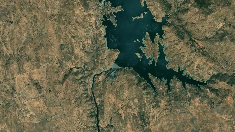 Satellite view of Lake McClure reservoir, California, United States