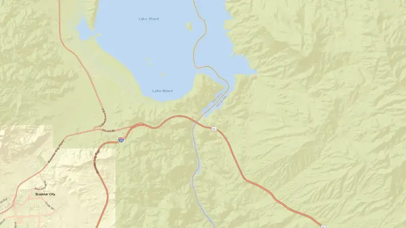 Road map of Lake Mead Hoover Dam and Powerplant reservoir, Nevada, United States