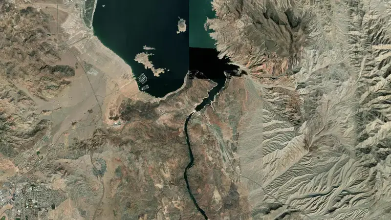 Satellite view of Lake Mead Hoover Dam and Powerplant reservoir, Nevada, United States