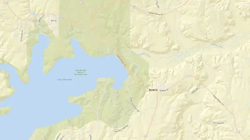Road map of Lake Meredith and Sanford Dam reservoir, Texas, United States