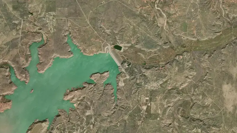 Satellite view of Lake Meredith and Sanford Dam reservoir, Texas, United States