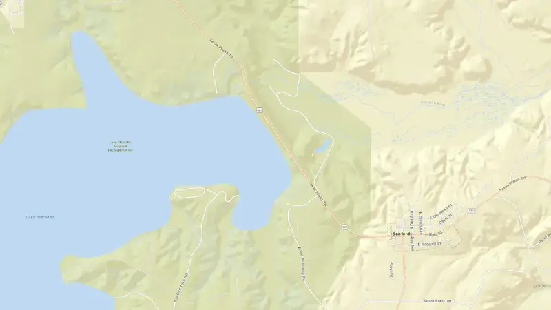 Road map of Lake Meredith reservoir, Texas, United States