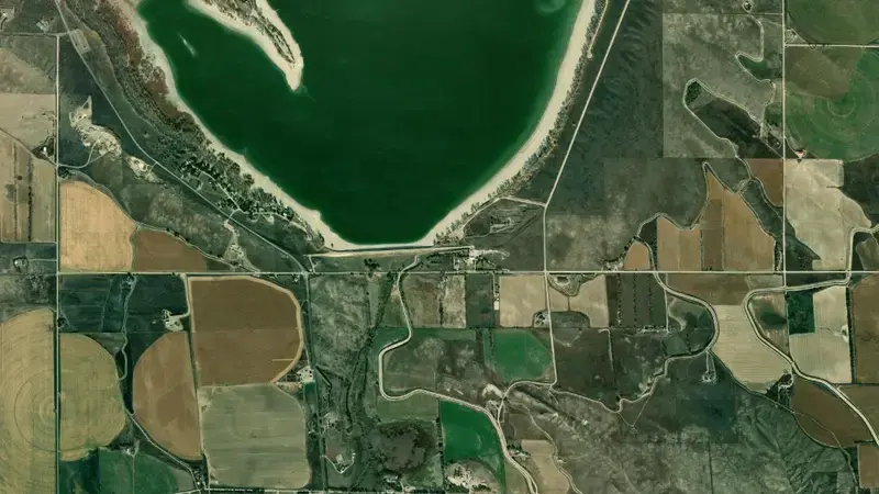 Satellite view of Lake Minatare and Dam reservoir, Nebraska, United States