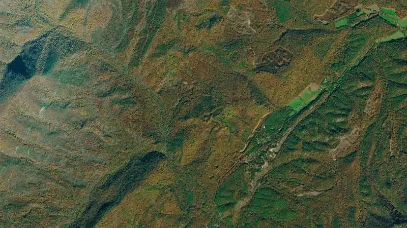 Satellite view of Lake Moomaw and Gathright Dam reservoir, Virginia, United States