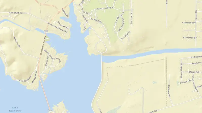 Road map of Lake Nasworthy and Dam reservoir, Texas, United States
