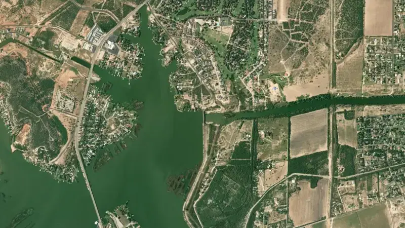 Satellite view of Lake Nasworthy and Dam reservoir, Texas, United States