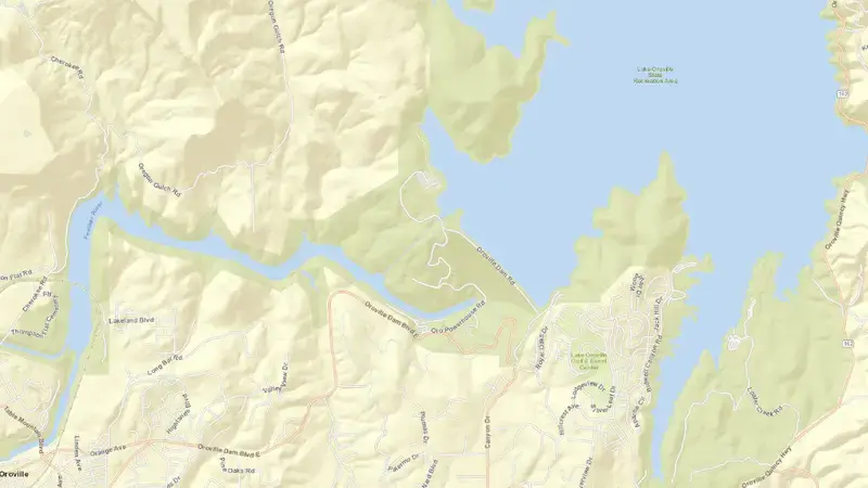 Road map of Lake Oroville reservoir, California, United States