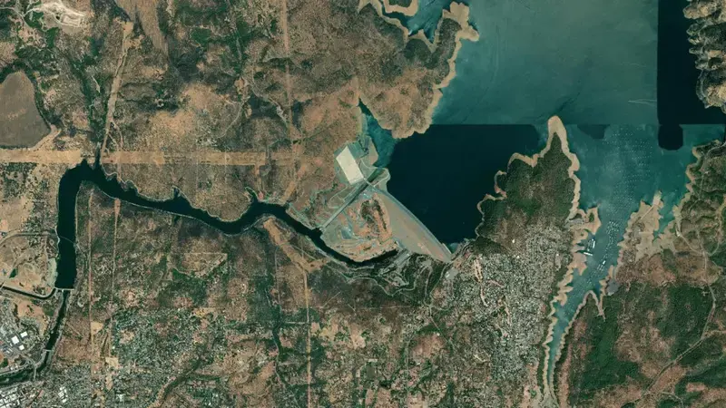 Satellite view of Lake Oroville reservoir, California, United States