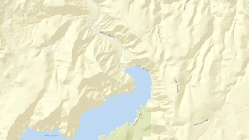 Road map of Lake Owyhee and Owyhee Dam reservoir, Oregon, United States