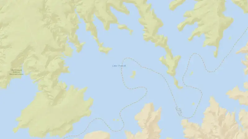 Road map of Lake Powell Glen Canyon Dam and Powerplant reservoir, Utah, United States