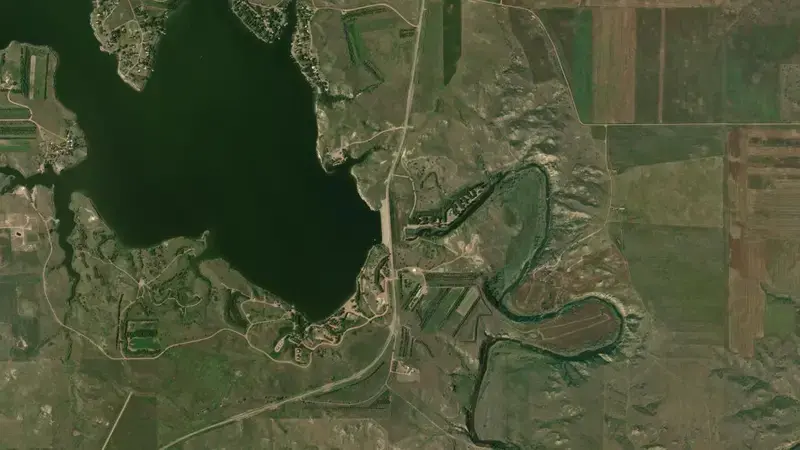 Satellite view of Lake Tschida and Heart Butte Dam reservoir, North Dakota, United States