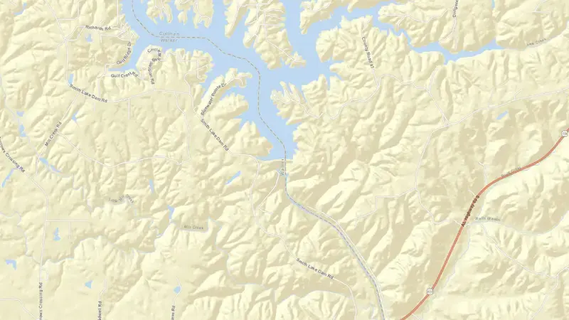 Road map of Lewis Smith (APC) reservoir, Alabama, United States