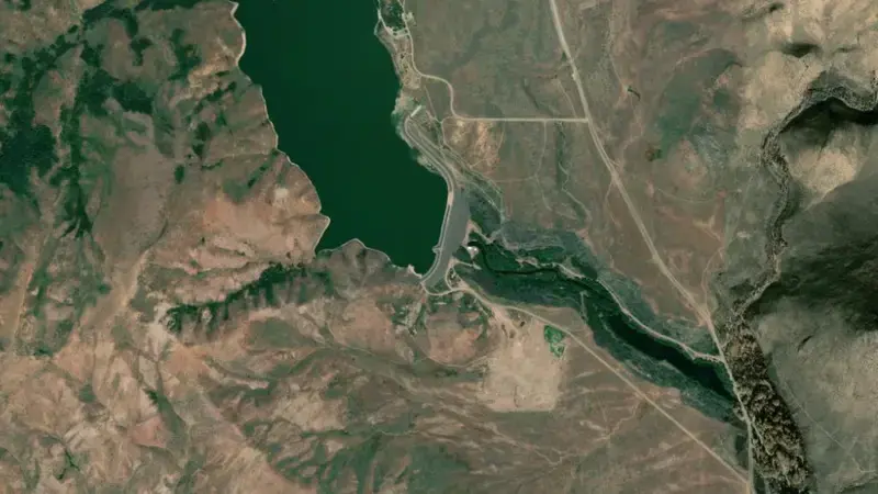 Satellite view of Little Wood River Reservoir and Dam reservoir, Idaho, United States