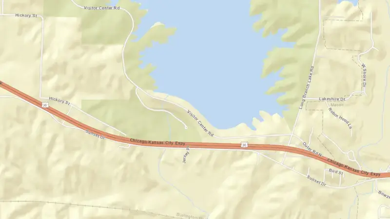 Road map of Long Branch Dam & Reservoir reservoir, Missouri, United States